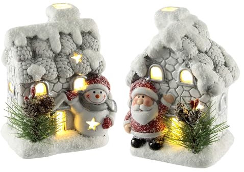 Flair Flower Weihnachtshaus mit Schneemann Nikolaus Schneemann Tannenbaum und LED-Licht 2er Set Häuser Deko Lichthaus Weihnachten Weihnachtsdeko Adventsdeko Weihnachtsdorf LED-Licht Leuchtfigur