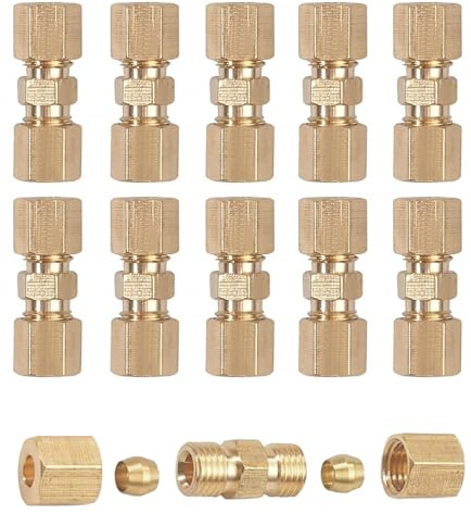GIONAR 10 Pcs 3/16 Brake Pipe Connector Kit, Brake Pipe Fittings, Self-Locking Straight Brass Brake Line Compression Fittings, Car Brake Line Kit for 4.75mm OD Tubing, Brass Compression Connector