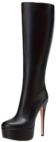 Feinlina Damen Schwarz Leder Plattform Heel Kniehohe Stiefel Sexy Stiletto Heel Oberschenkel hohe Stiefel (Schwarz,40)