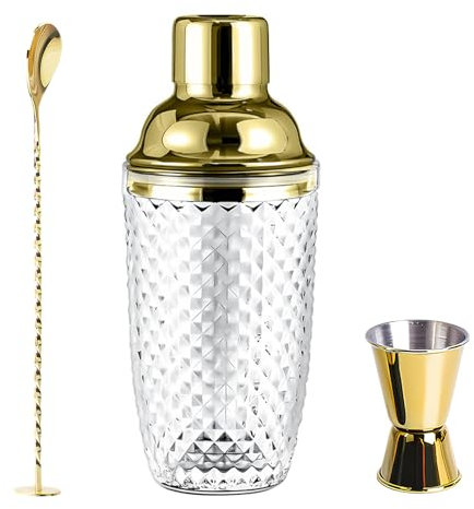 Set di shaker per cocktail, in vetro trasparente, da 400 ml, con misurino e pala, per casa, bar, vino, succhi di frutta misti, bevande