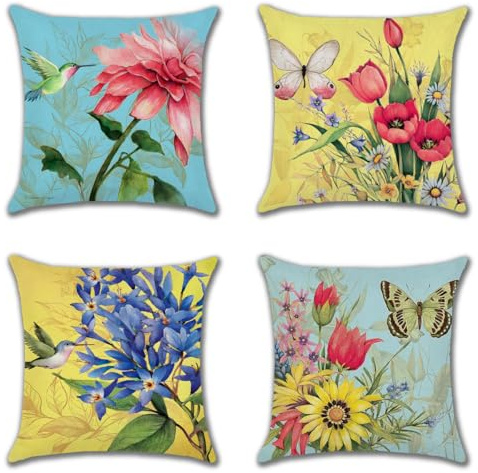 JOTOM Set of 4 Waterproof Cushion Covers 45x45 cm Outdoor Flower Pillow Covers Spring Summer Farmhouse Decorative Throw Pillow Cases for Patio Garden Bench Sofa Indoor Bed (Flowers Birds Butterfly)