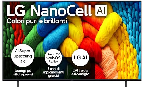LG NanoCell AI NANO80 65 pollici, Smart TV 4K, Processore α7 Gen8, Tecnologia NanoCell, webOS con AI e telecomando puntatore AI, Filmmaker mode, Gaming con VRR 4K@60Hz, 65NANO80A6B 2025