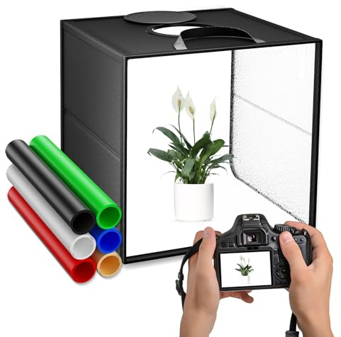 Studio Fotografico Portatile 40x40cm, Custodia Portatile Pieghevole Luce Fotografica, Dotata di Panni Morbidi e Luminosi e di 6 Pannelli di Sfondo Colorati