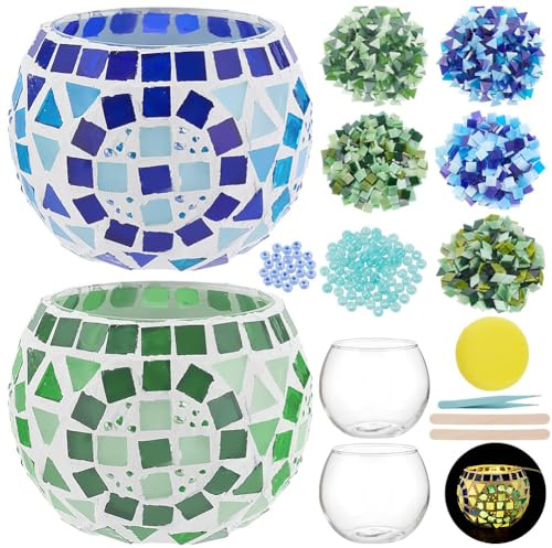WEBEEDY 2 Sets Mosaic Glass Candle Holders Romantic Mosaic Candle Holders for Tealight Multicolor Candles Holder Making Kits with Instruction for Beginner Adult Unique Home Table Decor,9.8x8cm