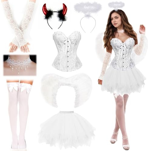 HUIKUANGEU Costume da Angelo da Donna,Costume da Angelo Bianco per Adulti,Costume Donna Halloween,Gonna in Tulle,per Carnevali e Feste a Tema,Halloween