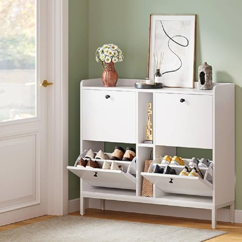 YITAHOME Zapatero Estrecho con 4 Solapas, 108 x 27,5 x 97,5 cm para 16 Pares de Zapatos con 2 estantes Abiertos, Zapatero Blanco, Armario para Pasillo, cómoda para Zapatos en el Pasillo