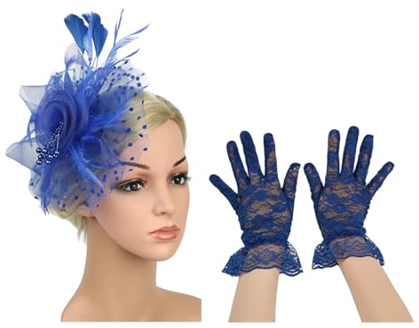 SLXLYH Elegante tocado con velo de encaje, sombrero y guantes de encaje, decoración para el cabello, para bodas, fiestas de té vintage (azul)