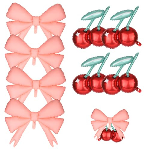 8st Körsbär Rosett Ballonger Set, 4 Röda Körsbär & 4 Rosa Rosett Folieballonger för Hon är Pricken över i:et Tema Fest Dekorationer Födelsedag Babyshower Bröllop Tillbehör