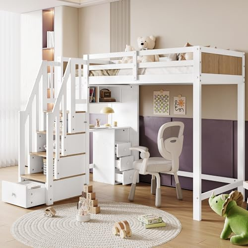 LAKFEW Cama Infantil Cama Alta 90x200 cm con Escritorio de 3 Cajones y Escalera Almacenaje, Camas Infantiles con Protección Anticaída, Camas Altas Tren de Madera, Blanco+Color Natural, Sin Colchón