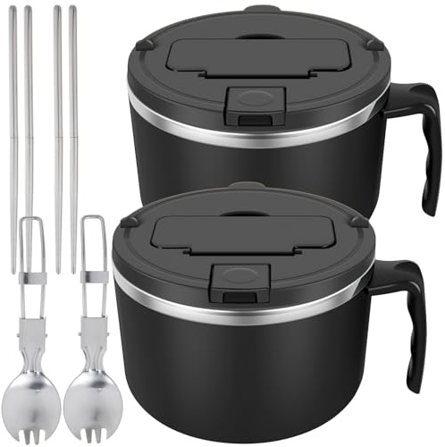 ramen skål med lock 1 200 ml instant nudlar skål med ätpinnar sked rostfritt stål bärbar pastaskål för nudlar soppor sallader lunch (stil 2)