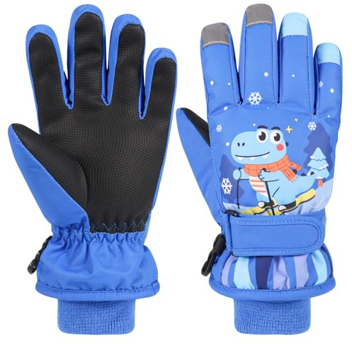 Jupsk Kids Winter Ski Gloves Waterproof Anti Slip Plush Thermal Snowboard Gloves Dinosaur Mittens for Children Girls Age 4-6 (Blue)