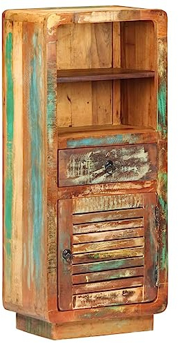 Zeehear Buffet haut 45 x 32 x 110 cm, en bois massif recyclé, armoire de rangement vintage avec porte, tiroir et étagères, armoire d'appoint pour salon