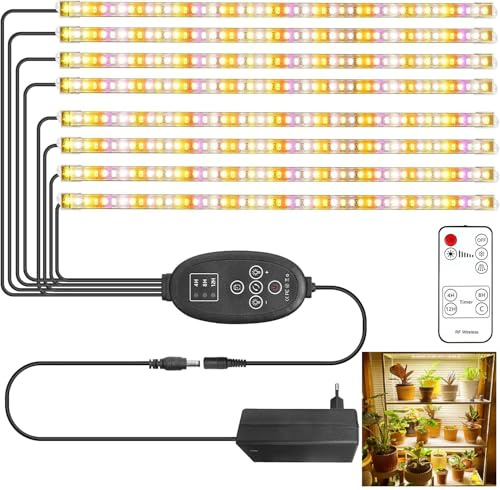xingruyu Paquete de 8 tiras de luz LED para cultivo de plantas, espectro completo para plantas de interior con temporizador de encendido/apagado automático, 192 LED/4 niveles regulables, lámpara de
