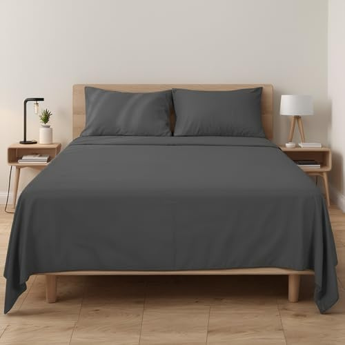Etrexonline Completo Lenzuola 4 Pezzi per Letto 135, in Microfibra Morbida, con Lenzuolo Sotto con Angoli, Lenzuolo Sopra e 2 Federe, Grigio Scuro