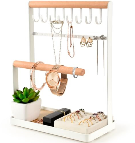 PAMANO Jewellery Stand Holder, 4-Tier Necklace Hanging Wooden Ring Organizer Earring Tray, 8 Hooks 12 Earring Holes Storage Necklaces, Bracelets, Rings and Watches on Desk Tabletop