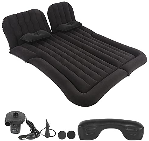 Wakects Uppblåsbar luftmadrass för bil, resor, 12 V, PVC, flockning, invändigt flöde, campingsäng för baksäte, 174 x 126 cm (efter uppblåsning) (svart)