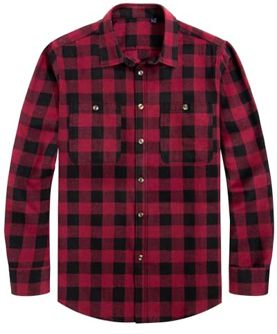 J.VER Flannel Shirt Men Lumberjack Check Long Sleeve Button Down Cotton Winter Work Warm Plaid Casual Shirts with Pocket Burgundy 2XL
