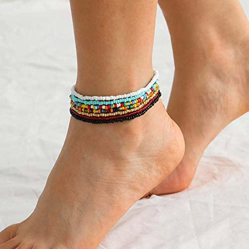 Clataly 7Pz Cavigliera Braccialetti Handmade Elastico Perline Colorate Catena Piede di Estate Piede Set di Gioielli per Le Donne Ragazze (Colore B)
