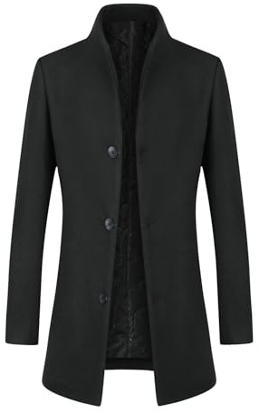 Allthemen Hombre Abrigo Grueso Invierno Largo Slim Fit Trench Coat de Lana Caliente Chaqueta Parka Cuello Alto Negro-grueso L