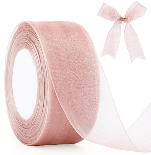 40mm x 50m Bean Pink Organza Chiffon Ribbon,Chiffon Fabric Ribbons,Rose Pink SheerRibbon,Shimmer Sheer Organza Ribbon for Gift Wrapping,Christmas Wedding Party Ceremony Decorations and DIY Bows