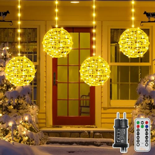 Ollny Lichterkette Außen Hängend Kugel 20cm, 4er-Set, 8 Modi, 184 LED für Urlaubsdekoration, mit Fernbedienung Timer, Globe Weihnachtsbeleuchtung für Garten, Hochzeit, Weihnachtsdeko Warmweiß