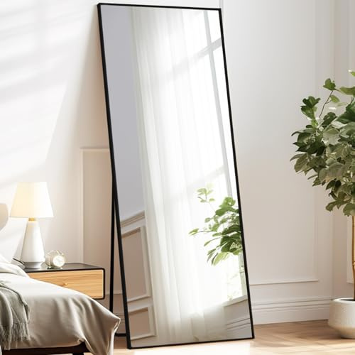 Melodieux Free Standing Big Floor Mirror Full Length 179x65cm Large Full Body Mirror Black Aluminum Frame Wall Mounted Leaning Hanging for Bedroom Living Room