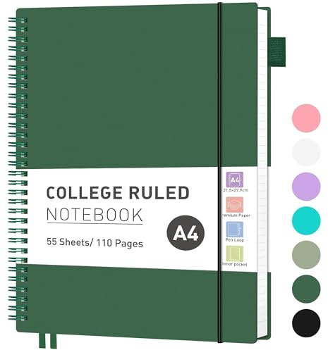 RETTACY Notizbuch A4 Liniert, Leichtgewicht Ringbuch, Tagebuch 55 Blatt / 110 Seiten Zum Schreiben, Notepad 100 GSM, College-liniertes PVC Journal 21,5 x 27,9cm - Dunkelgrün