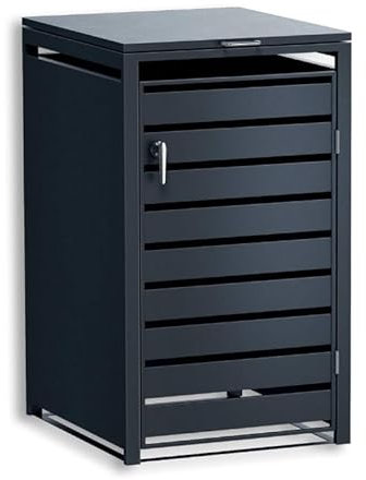 DWD Garden Single Wheelie Bin Hideaway 120L / 240L Waste Bin,Storage Shed w/Locking Doors Assisted lift up Lid easy use Outdoor Hygienic Dustbin Unit Cover Steel Matt Grey with Grey Slat Door