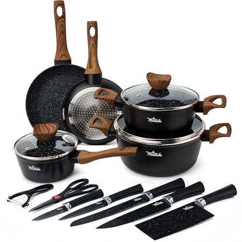 La Moustache - Batteria di Pentole e Padelle in Alluminio con Antiaderente | 8 Pezzi Callao + 5 Coltelli in Acciaio Inossidabile con Pelapatate e Forbici per Tutte le Cucine, Inclusa l’Induzione