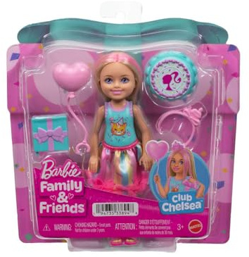 Barbie Club Chelsea 6-Inch Birthday-Themed Small Doll with Pink-Streaked Blonde Hair, Colorful Dress & 4 Party Accessories, JJB37
