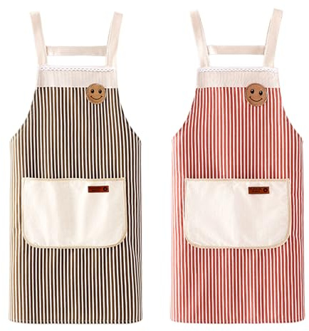 Hwtcjx 2 Pezzi Grembiule da Cucina Chef, Grembiule da Ristorante BBQ Bar, Regolabile Grembiuli con Tasche Chef di Cucina, Anti-fouling Gembiule Cucina Uomo Donna (Rosso, Caffè)