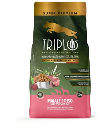 TerComposti - Triplo Pet Food Maiale e Riso 12kg, Ideale per Adulti di Tutte le Razze, Pelo Lucido e Folto, Crocchette Cani con Estratto di Olivo, Cibo per Cani Secco Nutriente e Bilanciato