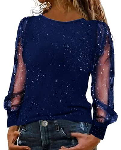 Blusas de Mujer Elegantes de Fiesta con Brillo Brillantes Cuello Redondo Camisas Casual Manga Larga Moda Suelto Streetwear Chic Blusas Ropa de Boda Festivas Talla Grande