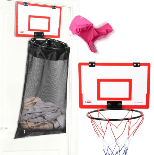 Basket tvättkorg, tvättkorg för upphängning, basketkorg dörr med dragkedja, ingen borrning krävs, 2-i-1 tvättpåse för upphängning, tvättstuga, sovrum, badrum, hotell (röd)