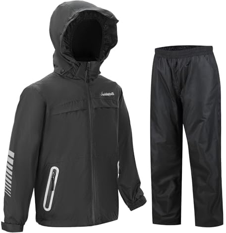 SWISSWELL Kids Rain Gear Boys Girls Youth Waterproof Rain Suit Breathable Reflective Raincoat and Pants Black 12-14 Years