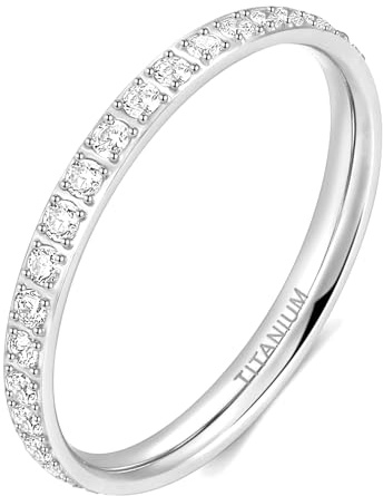 TIGRADE 2mm Women Titanium Eternity Ring Cubic Zirconia Anniversary Wedding Engagement Band Size 3-13.5, Silver, Size 8