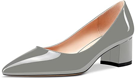 Aachcol Femmes Escarpins Bloc Chunky Mi Talon Heel Fermé Pointu Bout Slip-on Chaussures Bureau Classique 5 CM Gris Vernis 39 EU