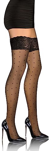 Sesto Senso Medias Autoadhesivas Mujer 20 DEN Negro en Patrones de Lunares Encaje con Silicona XL/XXL Dots