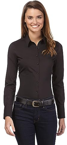 Vincenzo Boretti Camicia-Blusa Donna Elegante, Taglio Aderente/Slim-Fit, Elastica-Stretch, Collo Classico, Manica-Lunga, in Tinta Unita - Easy Iron, Facile da Stirare Nero 44
