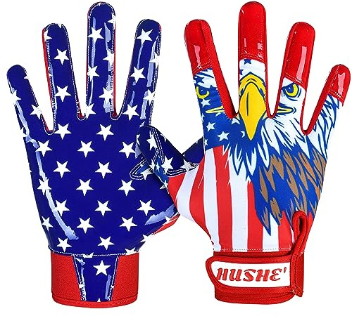 Hushe' American Flag Football Gloves Silicone Grip Youth Football Receiver Gloves USA Flag Football Receiver Gloves Adult Football Receiving Gloves Football Gloves Men Youth & Adult.