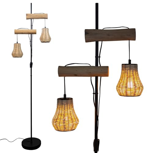 Osasy Boho Stehleuchte Metall/Holz in schwarz/natur, ohne Glühbirne,wohnzimmer stehlampe mit Rattanschirmen