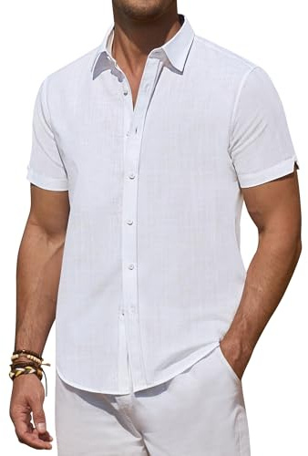 DEMEANOR White Linen Shirts for Men Short Sleeve Button Down Shirts Summer Beach Casual Linen Shirt Vacation Medium