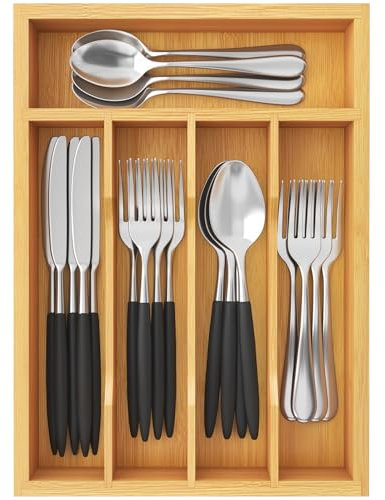 Lifewit Cutlery Drawer Organiser, 5 Compartment Bamboo Cutlery Tray Kitchen Utensil Tray, Flatware and Silverware Holder, Wood Adjustable Storage for Spoons Forks Knives