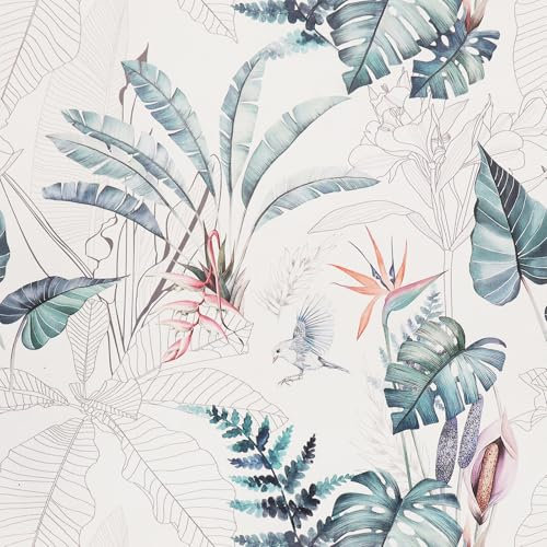 Papel Pintado Autoadhesivo Tropical Verde y Blanco,44 x 1000cm Selva Papel Tapiz Papel Pintado Hojas Papel Pintado Pajaros Papel Pintado Adhesivo para Muebles, Paredes en Baño, Sala de Estar, Cocina
