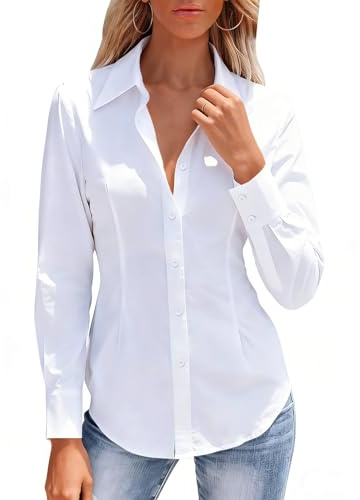 Button Down Shirts for Women Dress Shirt Long Sleeve Wrinkle Free Collared Blouse Work Business Office Solid Corset Tops - White XS
