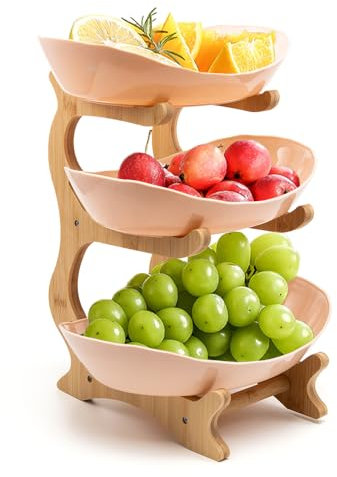evomosa Frutta Rack con 3 livelli, cesto di frutta salvaspazio per la famiglia, stabile e senza scuotere, moderna ciotola di frutta con montante in bambù, per verdure frutta snack