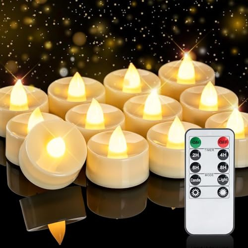 Homemory Lot de 12 bougies chauffe-plat à piles avec télécommande, minuterie 2/4/6/8 H, bougies sans flamme, idéales pour Noël, mariage, fête, lumières blanc chaud