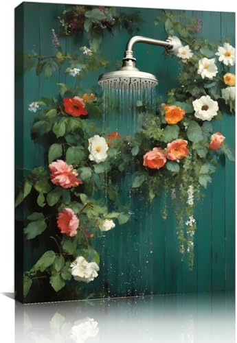 ZOQIPQO Framed Laundry Room Pictures Wall Decor,Floral Shower Wall Art,Green Bathroom Decor Wall Art for Restroom Toilet Bedroom Decoration,12L X 16W inches