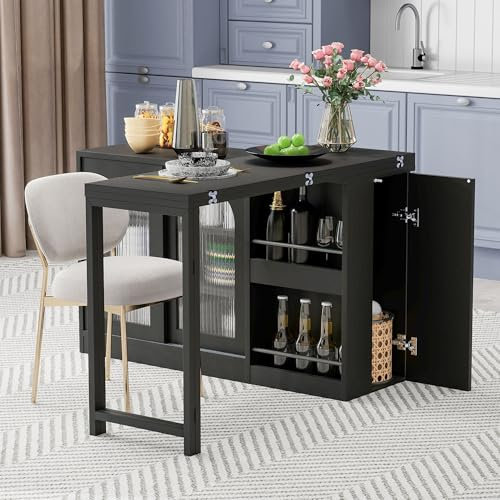 A ALFRESCOOL Moderner Bartisch, Ausziehbar 360° Drehbare Bartisch Mit Stauraum, Reversibel Tisch Sideboard Bar Mit Glasschranktür, Bar Tisch Für Küche Kaffeebar Möbel, Schwarz