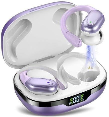 Auriculares Inalambricos, Auriculares Bluetooth 5.3 Deportivos con Gancho de la Oreja, 60H de Reproducción, Pantalla LED, Llamada ENC HD, Profundamente Bajo, Ajuste Cómodo, IPX7 Blanco Morado